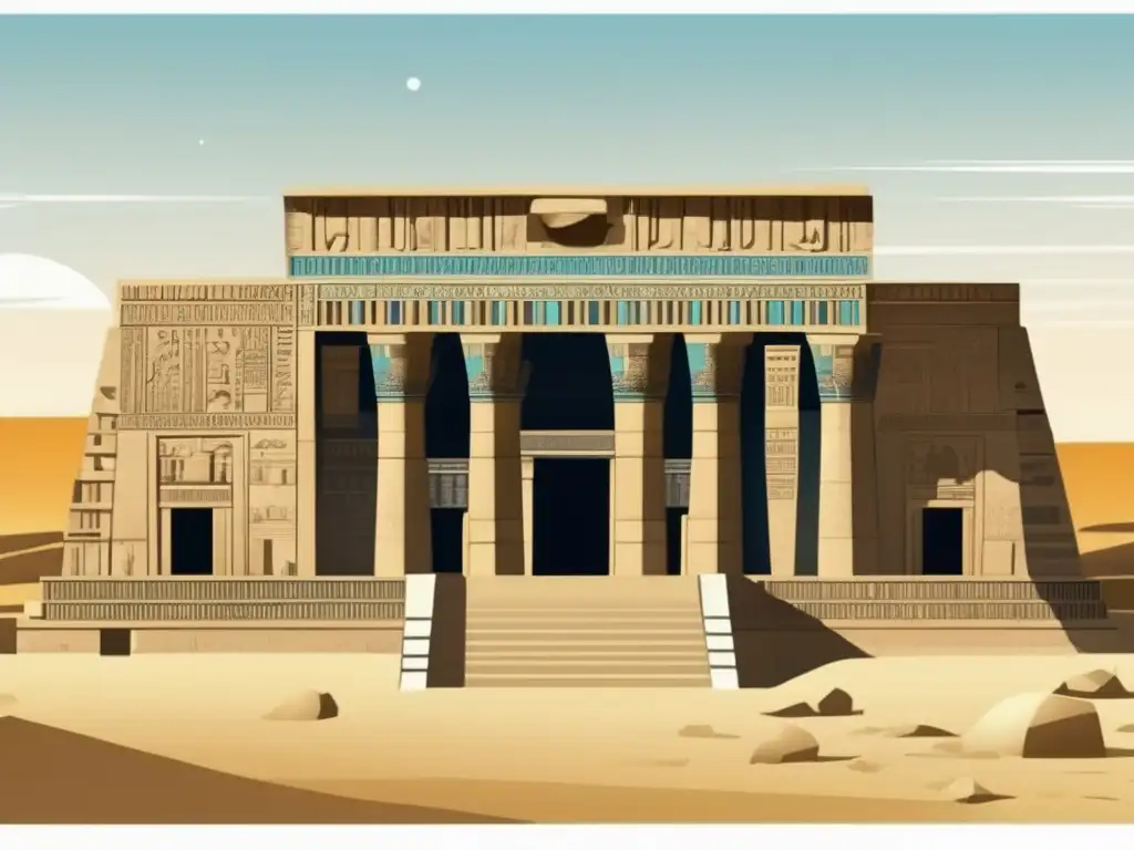 Una ilustración detallada y nostálgica del Templo de Dendera, con sus adornos intrincados y colores cálidos, evocando historia y misterio