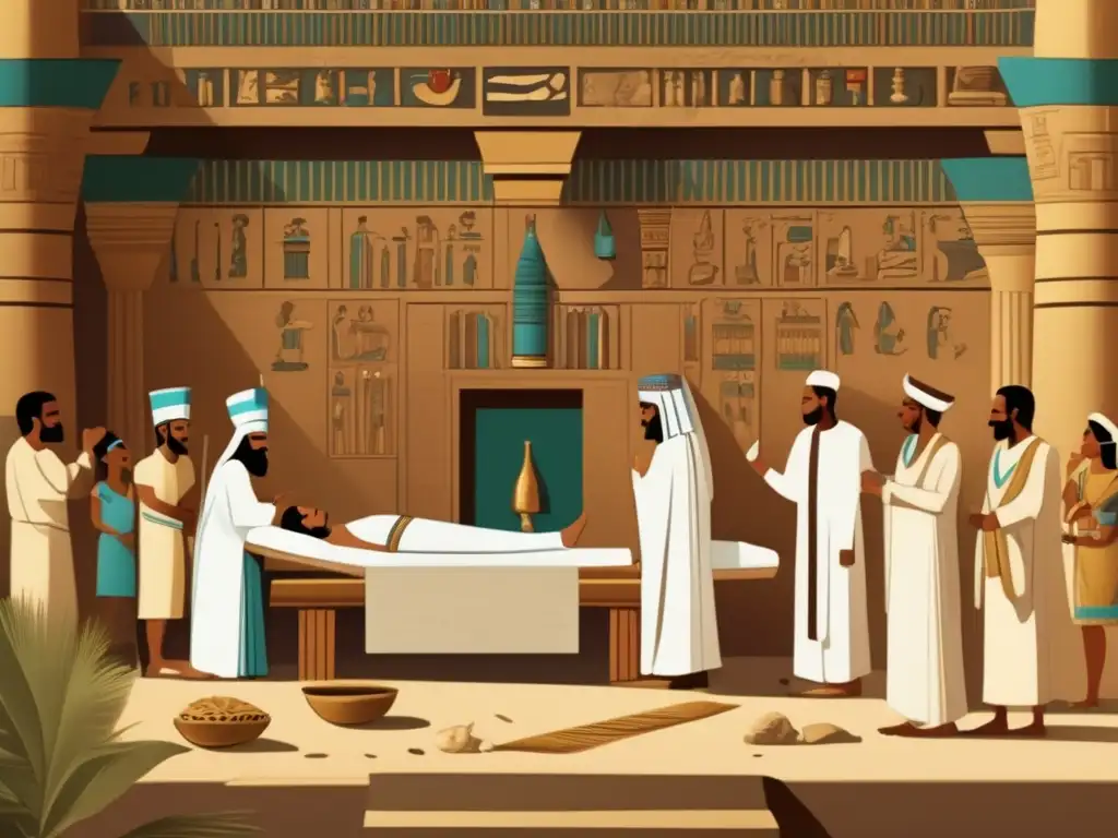 Una ilustración detallada en 8k que muestra a sacerdotes médicos egipcios realizando rituales de sanación en un antiguo templo
