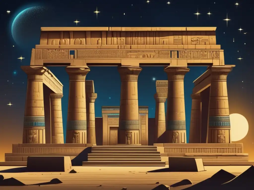 Una ilustración detallada del Templo de Dendera, resaltando su arquitectura y simbolismo