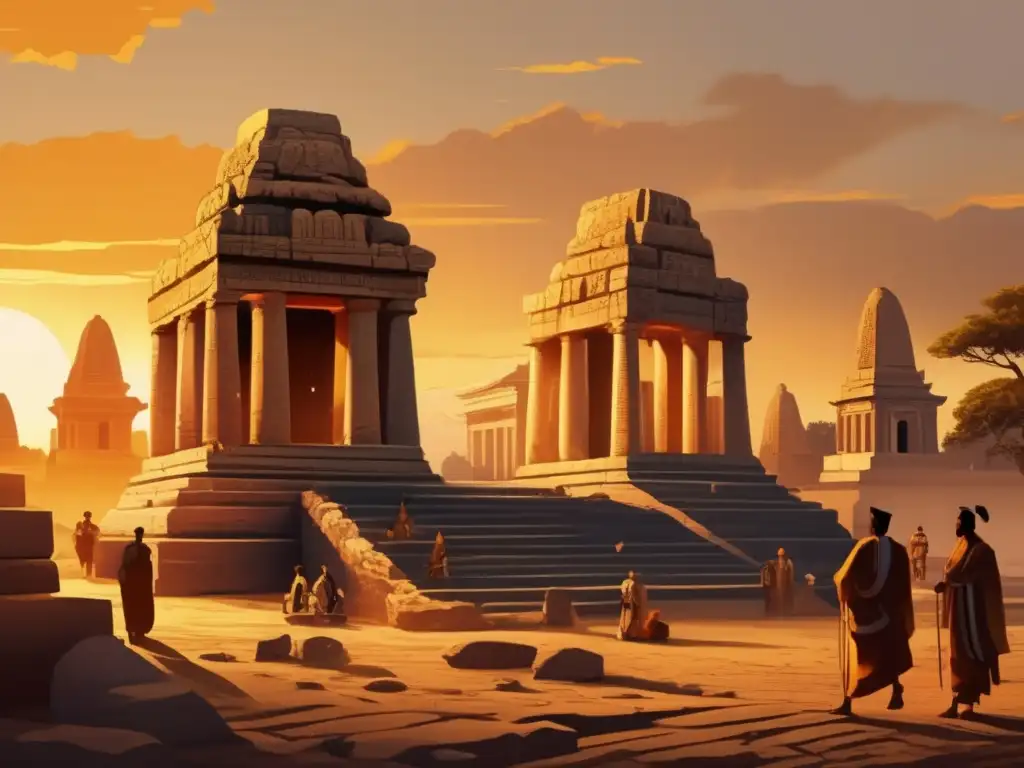 Una ilustración detallada de un templo de piedra en ruinas del Imperio Medio al atardecer dorado