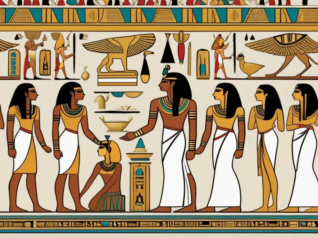 Una ilustración detallada de la vestimenta en la civilización egipcia: hombres y mujeres con trajes elaborados y ornamentados, con detalles y diseño exquisitos que muestran la artesanía de la moda egipcia