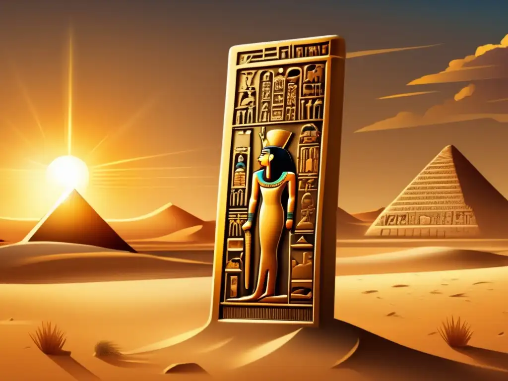 Una ilustración detallada y vintage de una estela egipcia antigua adornada con jeroglíficos intrincados