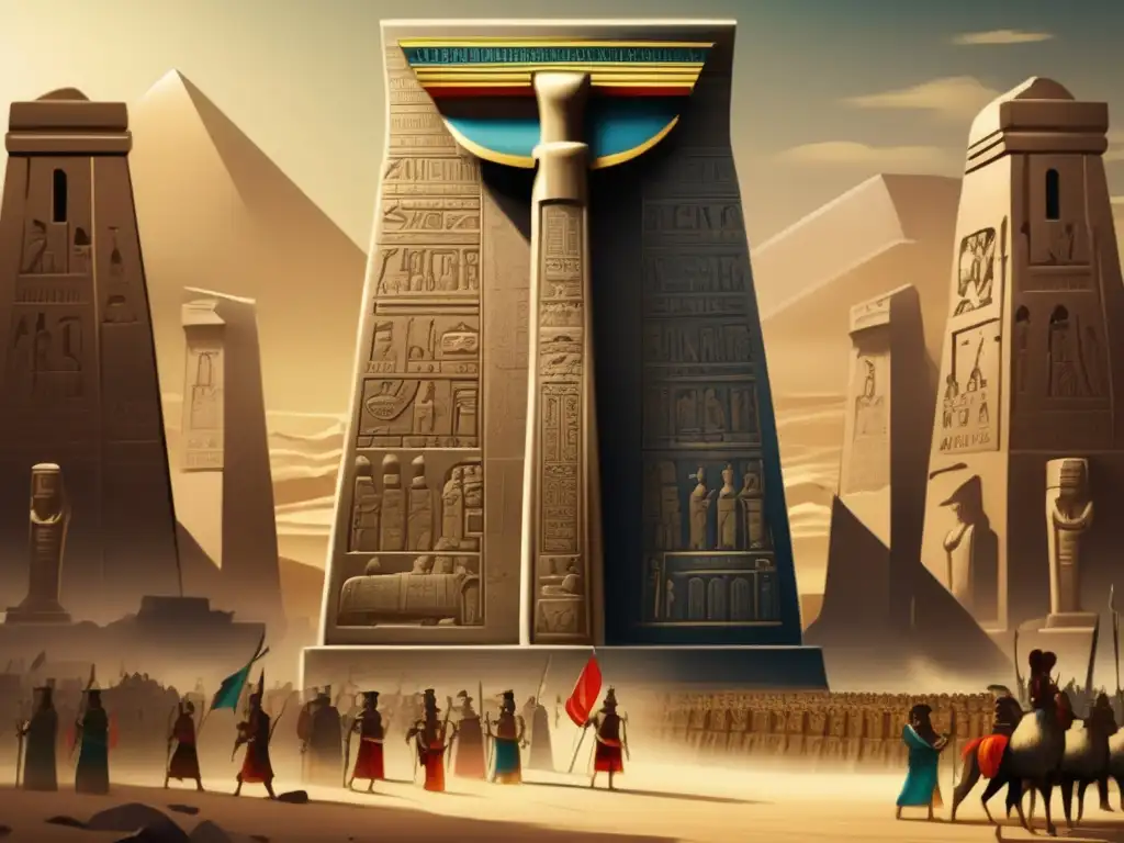 Una ilustración detallada y vintage que muestra la grandeza y significado del Legado de Merneptah y la Estela Triunfal