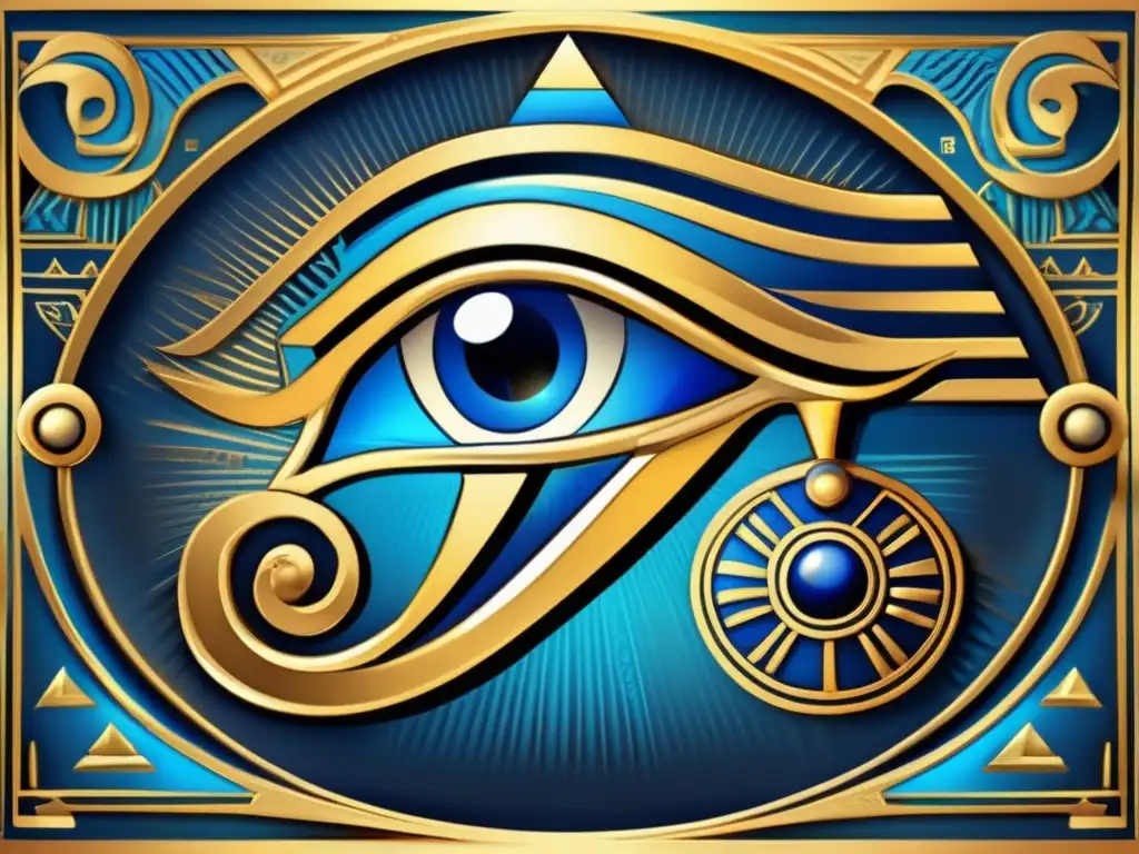 Una ilustración detallada y vintage del Ojo de Horus, adornado con símbolos y jeroglíficos egipcios
