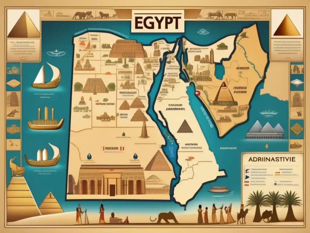 Una ilustración de estilo vintage que muestra la administración de territorio en Egipto