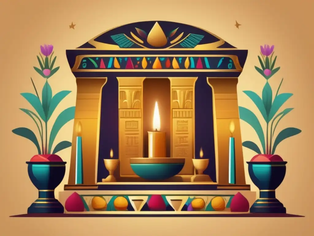 Una ilustración de estilo vintage que muestra un altar decorado en el antiguo Egipto
