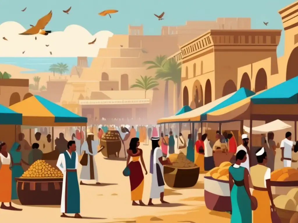 Una ilustración al estilo vintage muestra un animado mercado en el antiguo Egipto