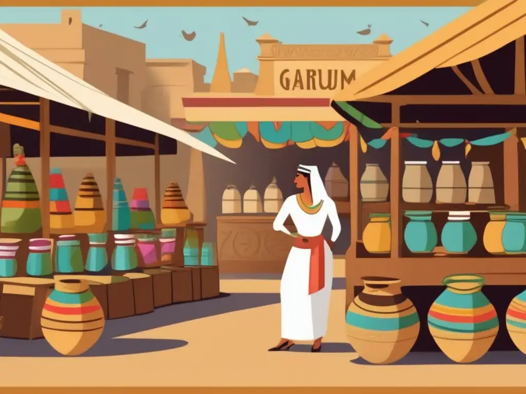Una ilustración de estilo vintage de un animado mercado egipcio antiguo, donde se exhiben coloridos frascos de garum, condimento egipcio