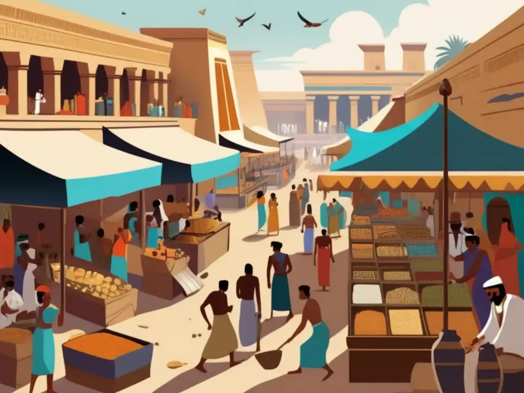 Una ilustración de estilo vintage muestra un animado mercado en el antiguo Egipto durante el Primer Periodo Intermedio