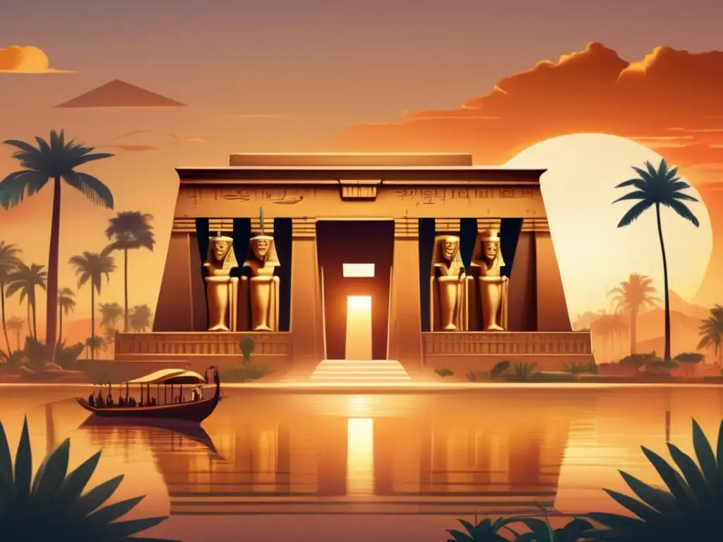 Una ilustración de estilo vintage muestra un antiguo templo egipcio adornado con jeroglíficos intricados y estatuas de dioses
