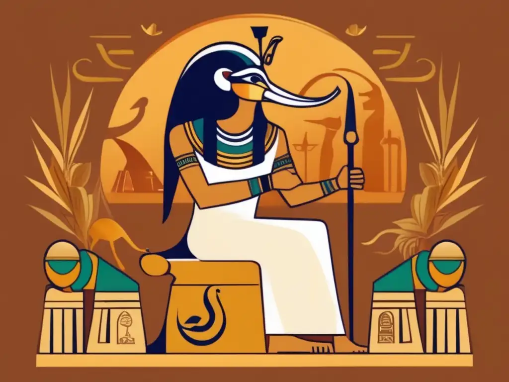 Una ilustración de estilo vintage que muestra al antiguo dios egipcio Thoth, asociado con el lenguaje, la escritura y la sabiduría