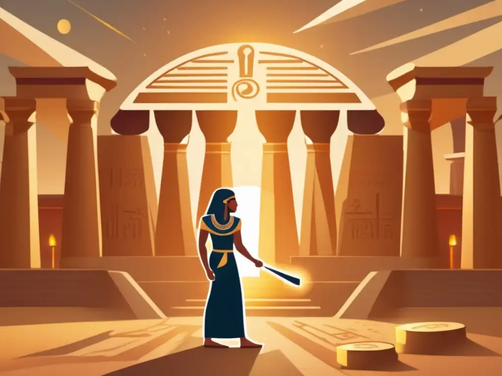 Una ilustración de estilo vintage que muestra a un antiguo matemático egipcio frente a un templo circular adornado con jeroglíficos