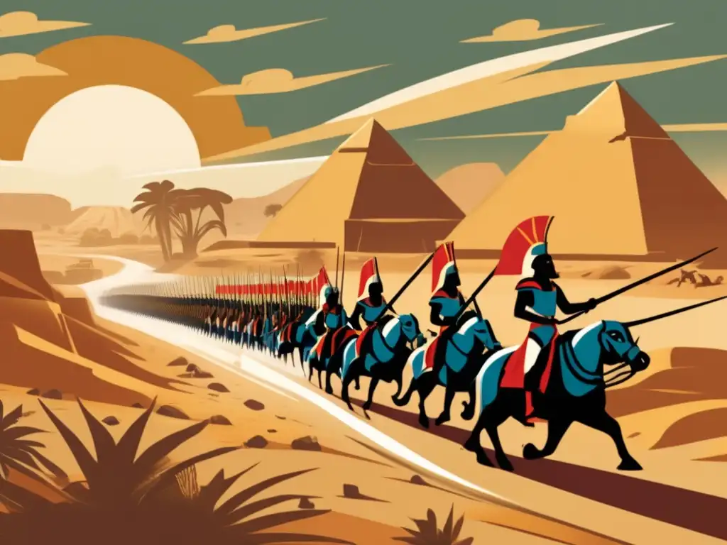 Una ilustración de estilo vintage que representa la Batalla de Kadesh, destacada por las innovaciones militares de Ramsés II
