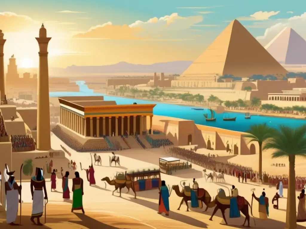 Una ilustración de estilo vintage que representa la bulliciosa ciudad de Tebas durante el apogeo del Imperio Medio de Egipto