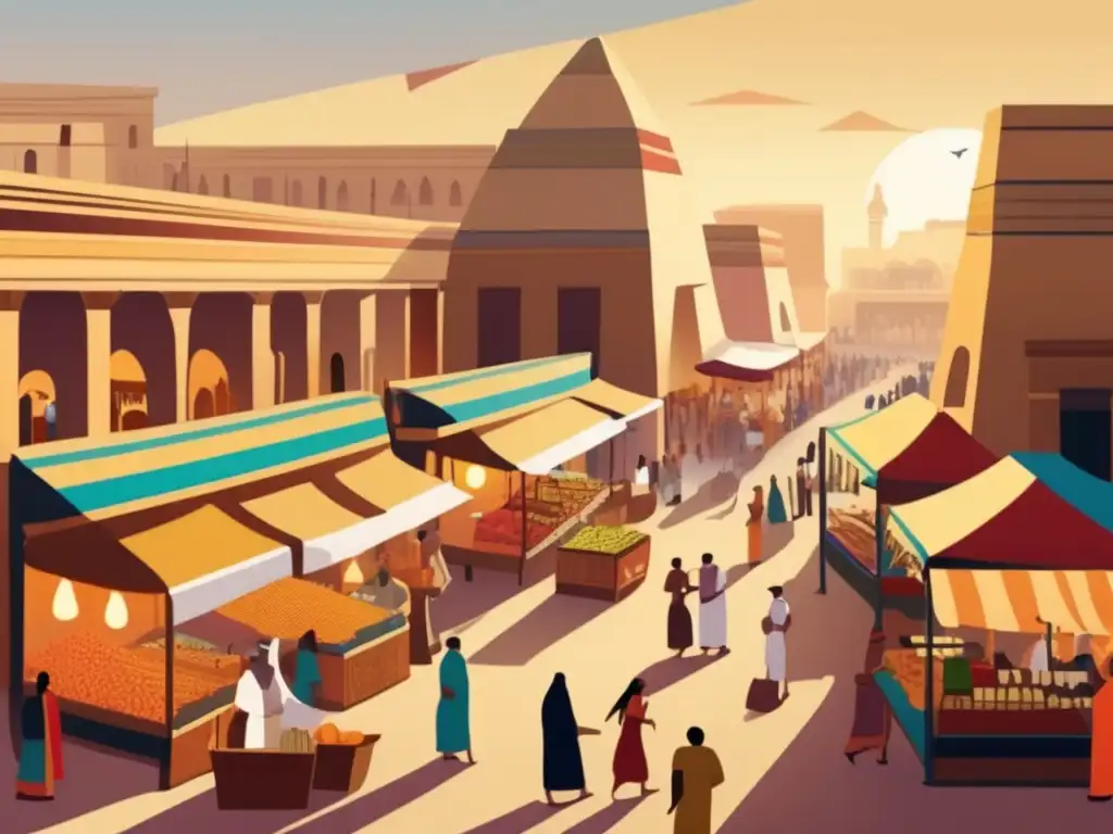 Una ilustración estilo vintage muestra un bullicioso mercado en el antiguo Egipto durante el Primer Periodo Intermedio