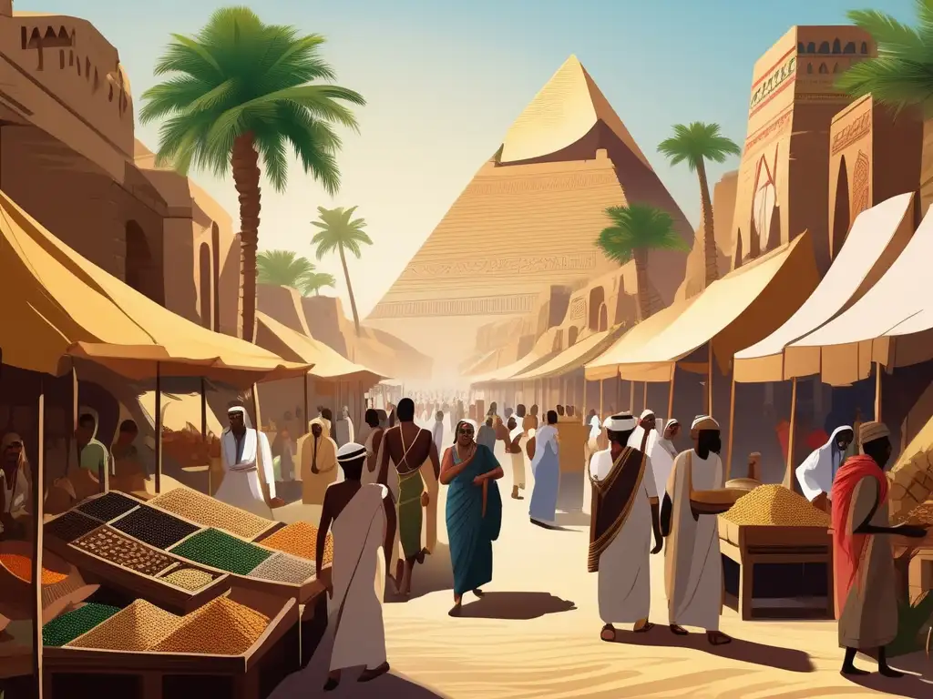 Una ilustración al estilo vintage de un bullicioso mercado en el antiguo Egipto