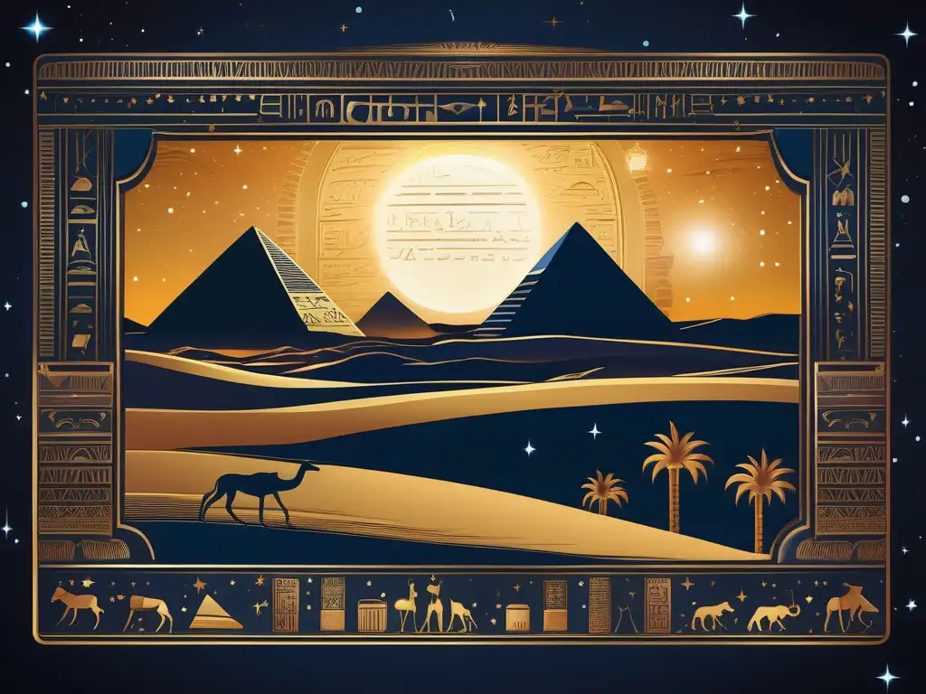 Una ilustración de estilo vintage muestra el cielo nocturno sobre el paisaje antiguo de Egipto