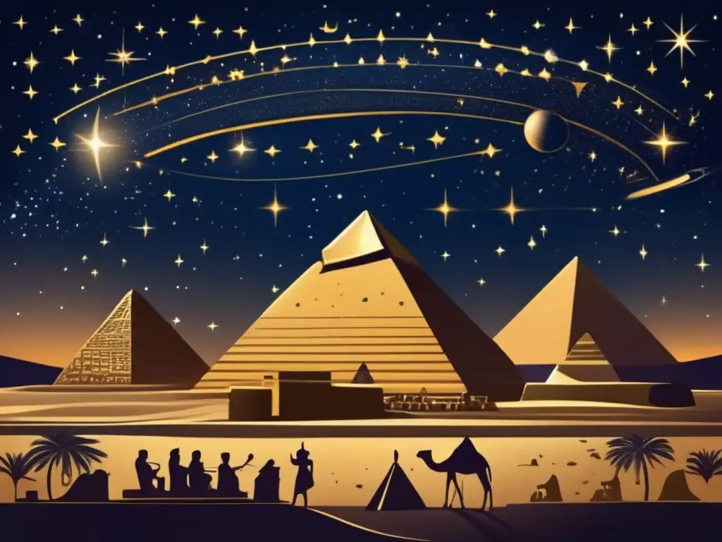 Una ilustración de estilo vintage muestra el cielo nocturno sobre el antiguo Egipto, resaltando la astronomía egipcia y su influencia en la astrología occidental