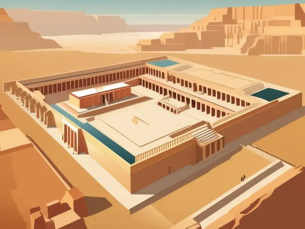 Una ilustración de estilo vintage que muestra el diseño arquitectónico del Complejo Funerario de la Reina Hatshepsut