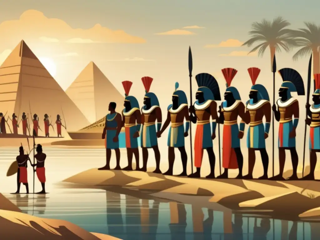 Una ilustración de estilo vintage que muestra una escena majestuosa del antiguo Egipto