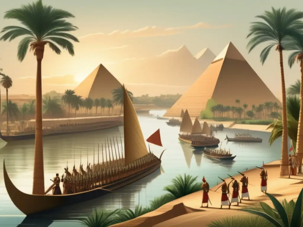 Una ilustración estilo vintage que muestra una escena a lo largo del río Nilo en el antiguo Egipto
