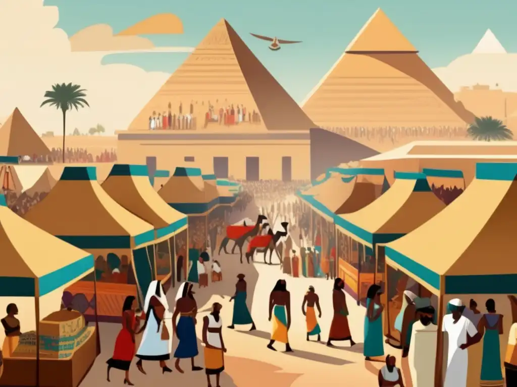 Una ilustración de estilo vintage que retrata una escena de la sociedad antigua egipcia