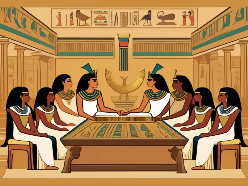 Una ilustración de estilo vintage que muestra una escena de una antigua clase en Egipto