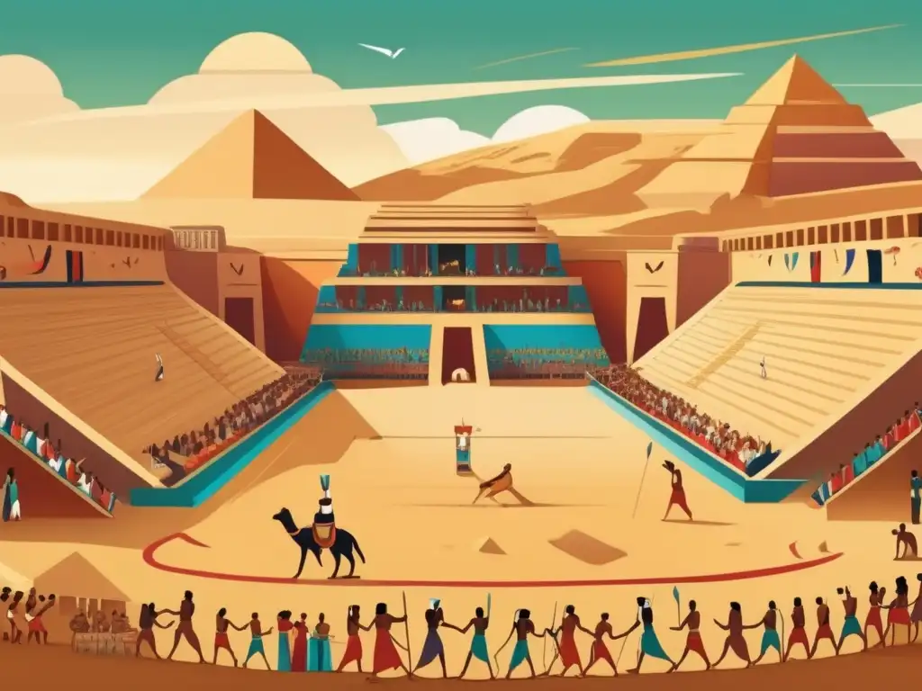 Una ilustración de estilo vintage que muestra una escena bulliciosa en el antiguo Egipto