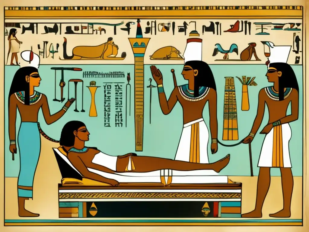 Una ilustración estilo vintage que muestra una escena médica en el antiguo Egipto