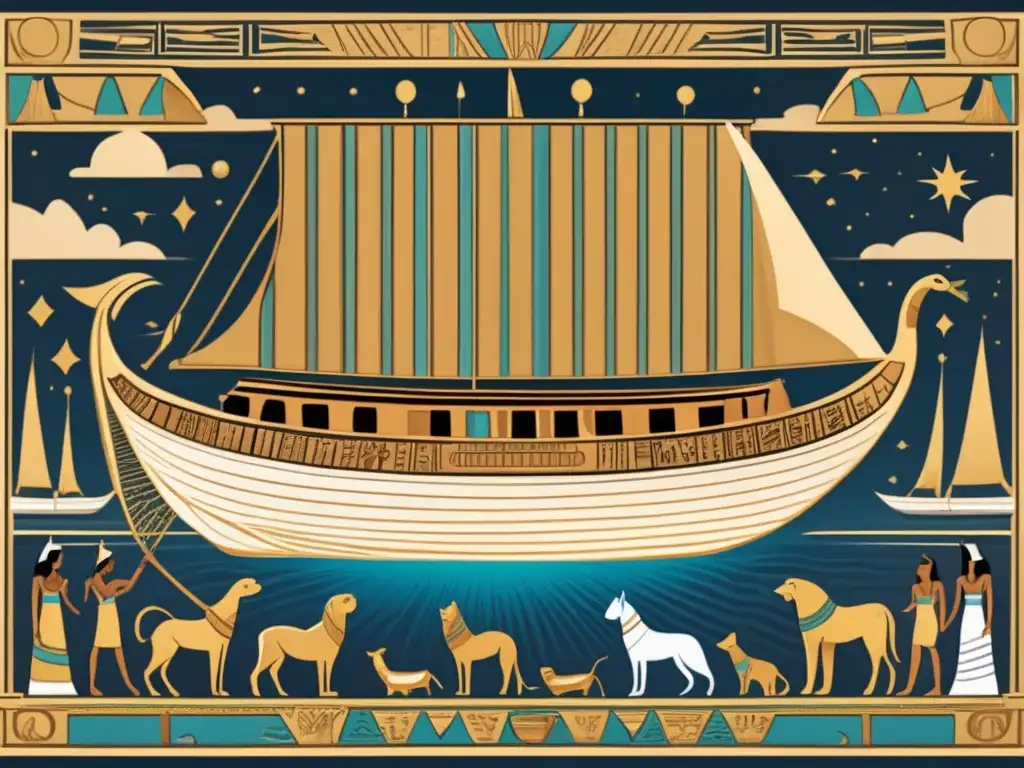 Una ilustración estilo vintage de una escena de la mitología egipcia