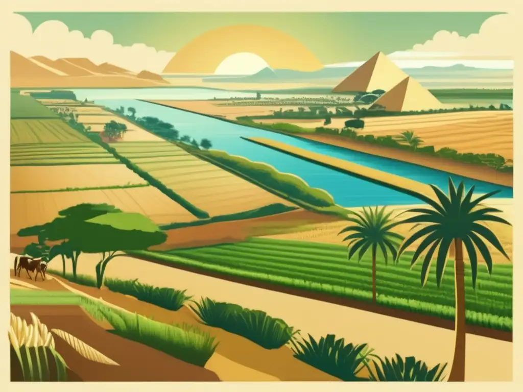 Una ilustración de estilo vintage que muestra un exuberante y fértil paisaje agrícola en el antiguo Egipto durante el período Dinástico Temprano