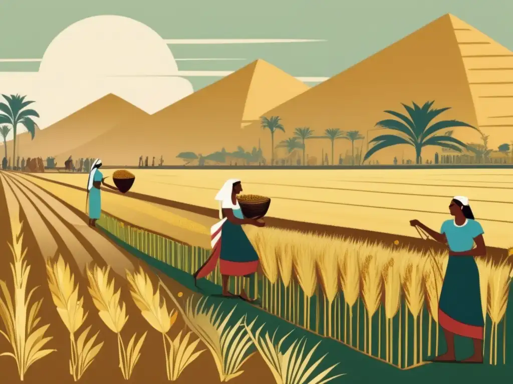 Una ilustración de estilo vintage que muestra un exuberante campo en el antiguo Egipto, lleno de hileras de altas plantas de cebada dorada que se mecen suavemente en la brisa