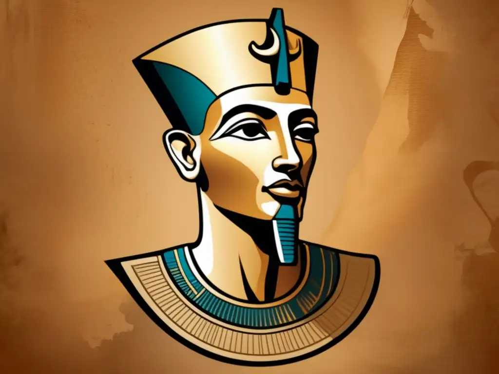 Una ilustración de estilo vintage que muestra el icónico busto del faraón Akenatón
