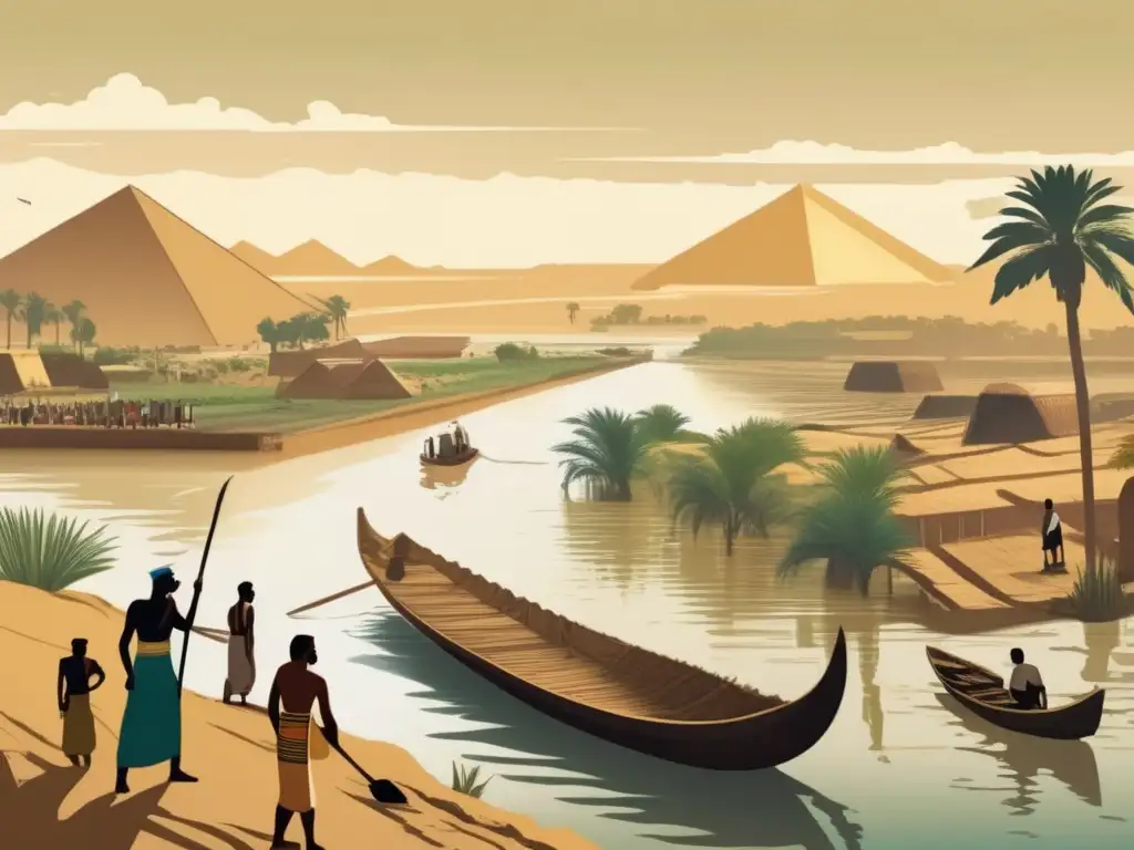 Una ilustración al estilo vintage que muestra las Inundaciones del Nilo en Egipto