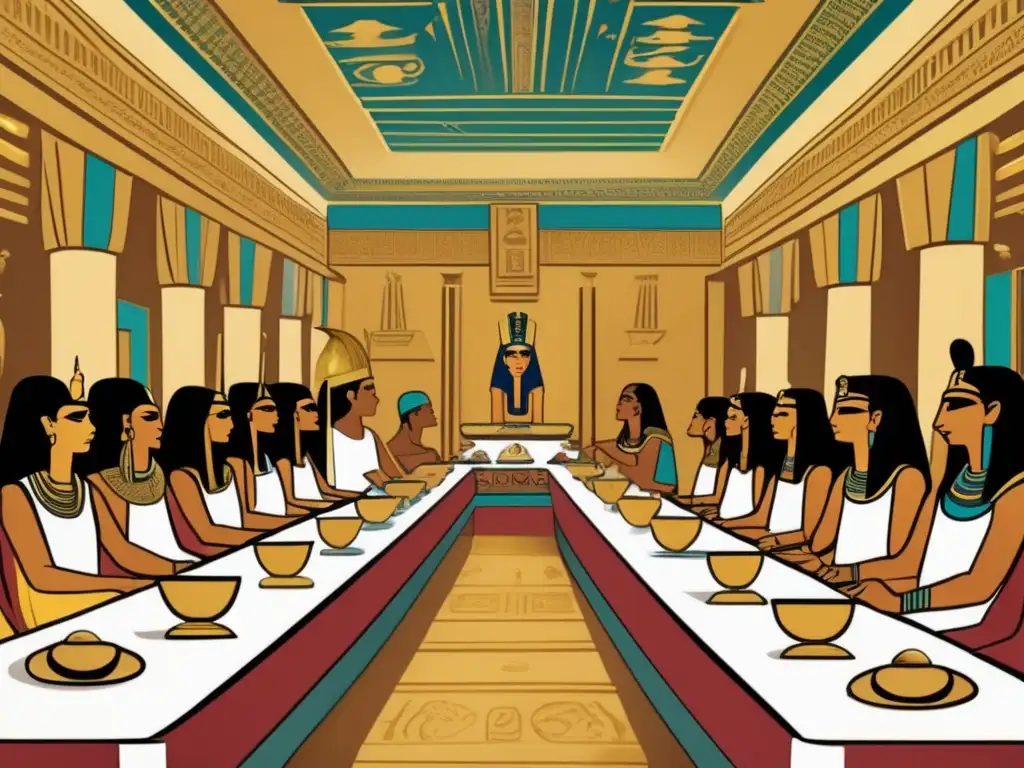 Una ilustración de estilo vintage muestra un lujoso salón de banquetes en el antiguo Egipto