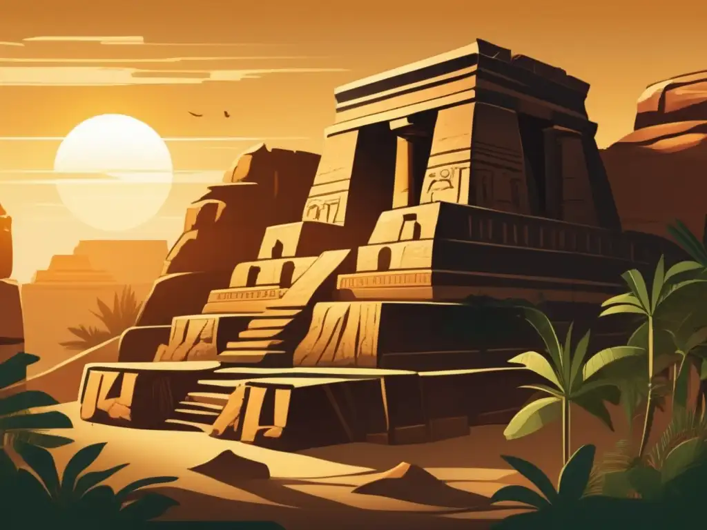 Una ilustración de estilo vintage muestra las ruinas de un antiguo templo egipcio de la Dinastía IX