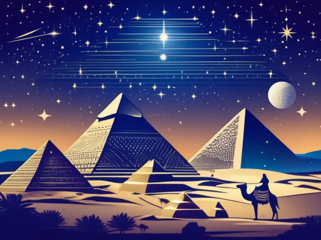 Una ilustración impresionante de estilo vintage que muestra el cielo nocturno sobre las pirámides antiguas de Egipto