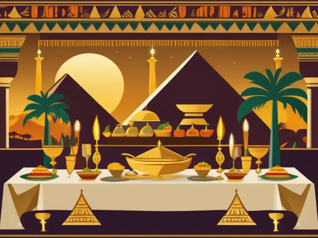 Una ilustración vintage de un lujoso banquete egipcio, rodeado de pirámides imponentes y palmeras