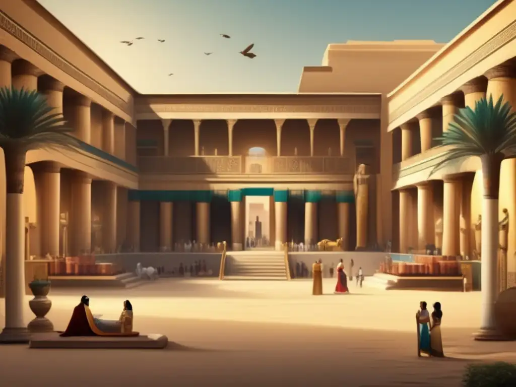 Una ilustración vintage de un opulento patio de un palacio egipcio durante la vida cotidiana de la familia real en el antiguo Egipto