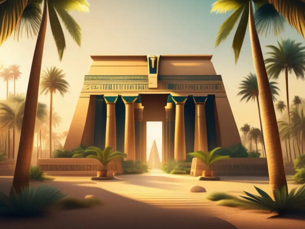 Una ilustración vintage de un sereno templo egipcio rodeado de exuberante vegetación y altas palmeras