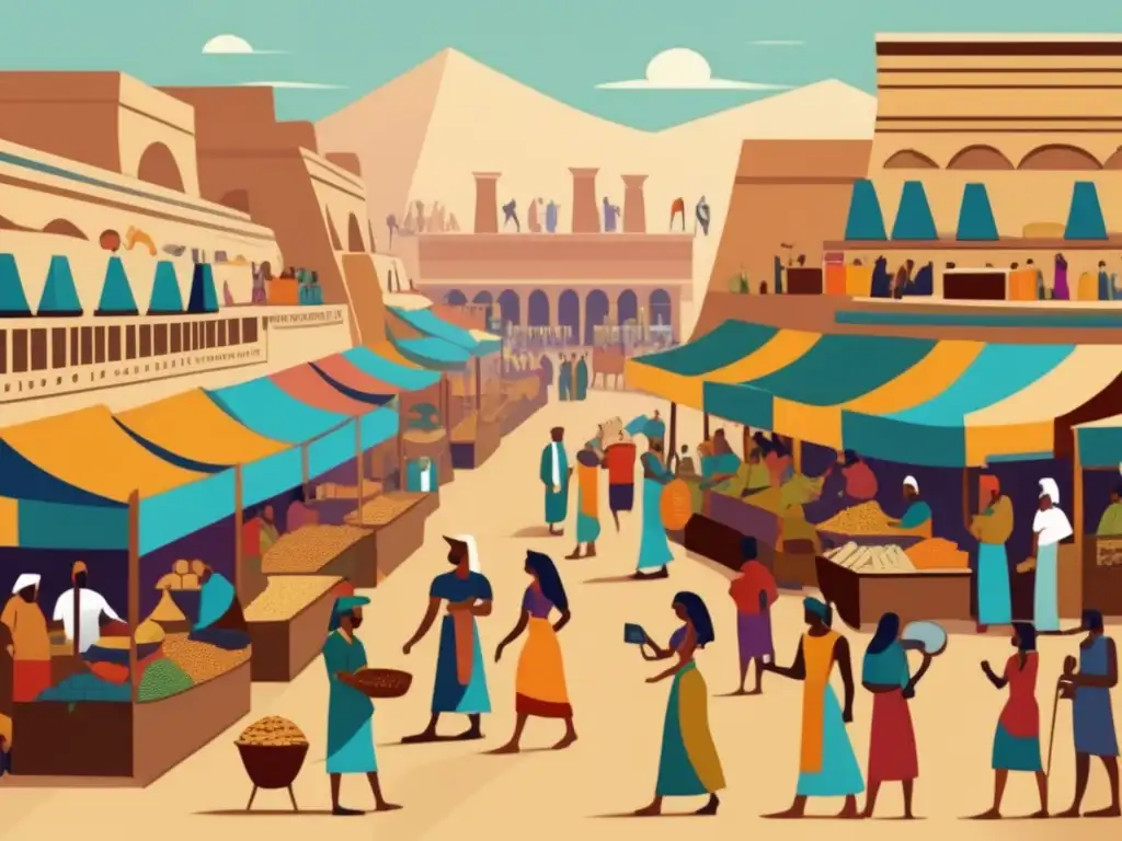 Una ilustración vintage que muestra un animado mercado en el antiguo Egipto