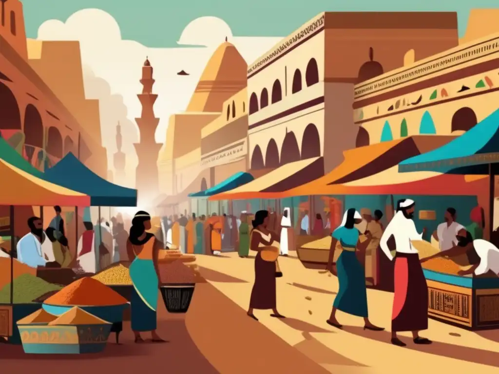Una ilustración vintage que muestra un bullicioso mercado egipcio en la antigüedad