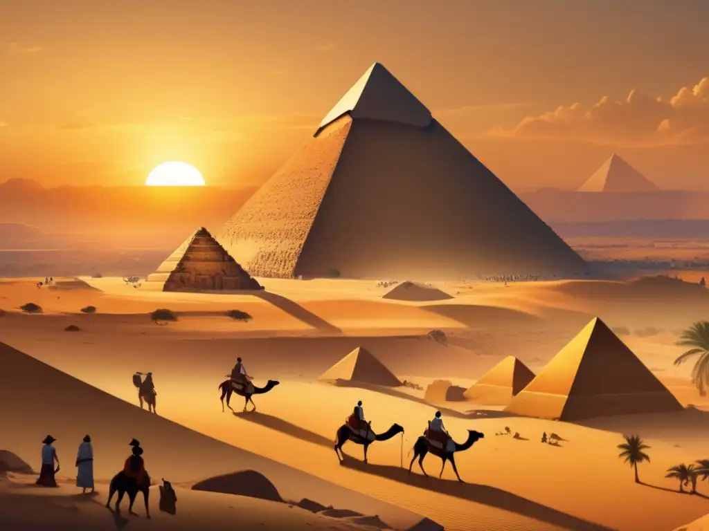 Una ilustración vintage en 8k muestra el contexto arqueológico de las pirámides en Egipto