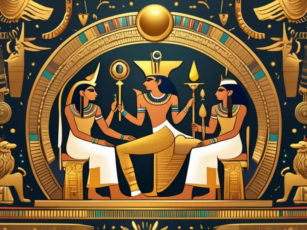 Una ilustración vintage de los dioses egipcios en una majestuosa mesa circular