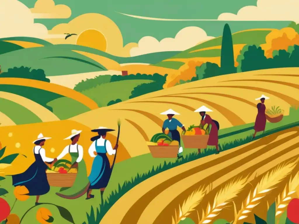 Una ilustración vintage que muestra una escena de cosecha exuberante con abundancia y celebración