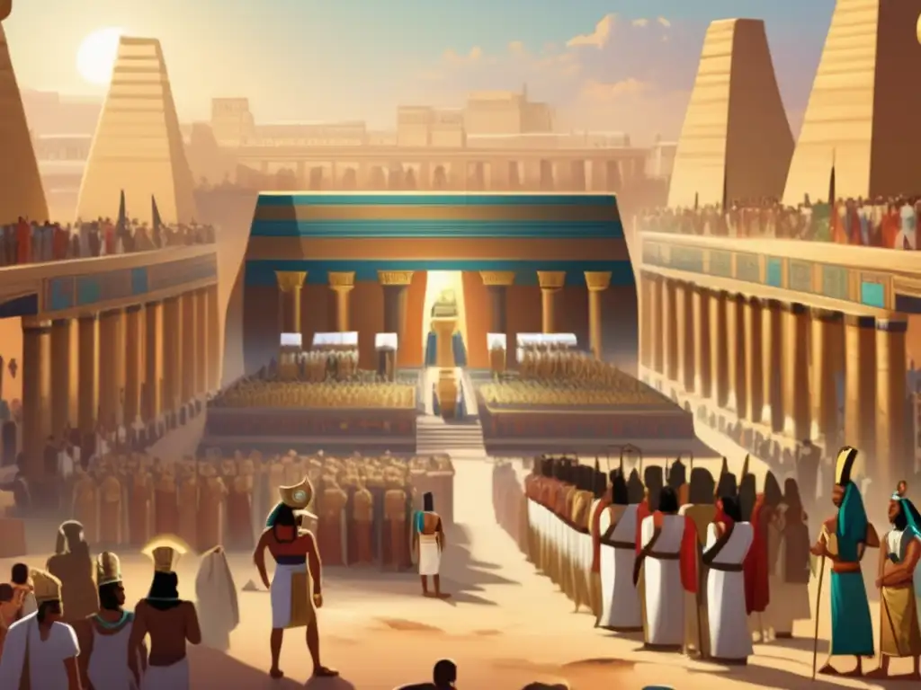 Diplomacia y conquista en el antiguo Egipto: el poderío del faraón Una ilustración vintage que muestra una escena grandiosa de diplomacia y conquista de faraones en el antiguo Egipto
