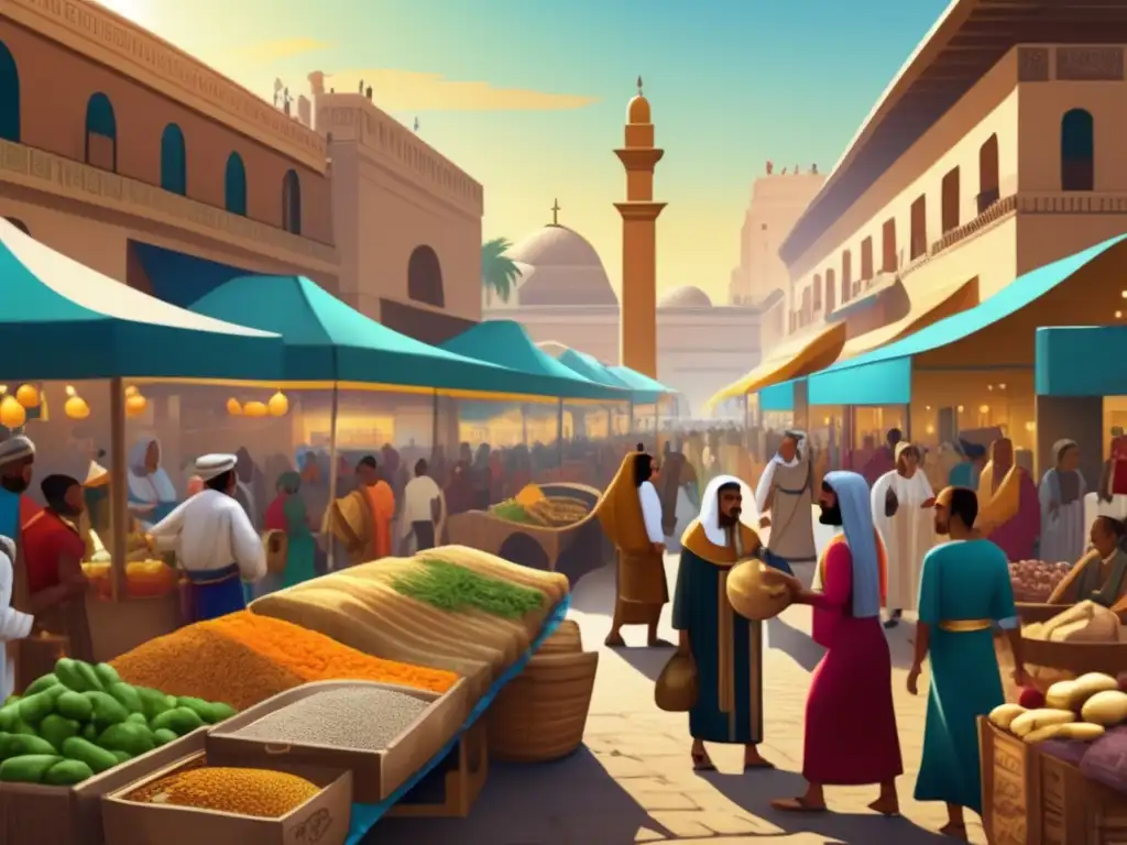 Una ilustración vintage estilo mercado en Egipto antiguo, llena de vida y color, donde la religión influye en la economía