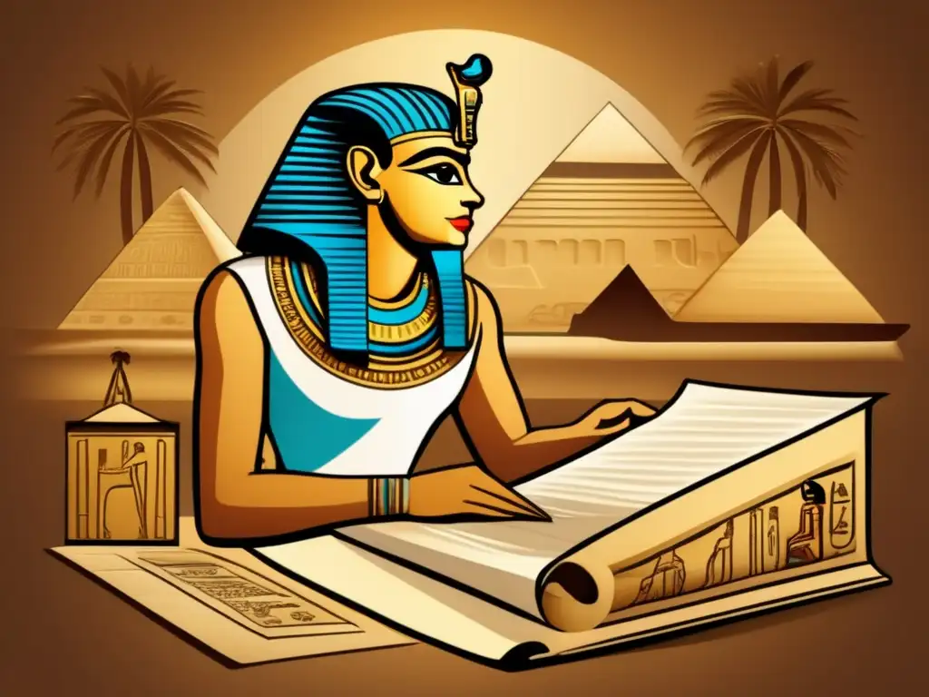 Una ilustración vintage fascinante muestra a un antiguo escriba egipcio trabajando en un papiro