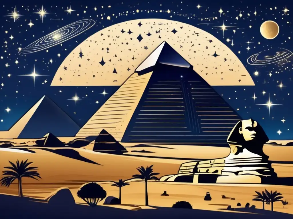 Una ilustración vintage impresionante muestra el cielo nocturno sobre el antiguo Egipto, con la Gran Esfinge y las pirámides de Giza en primer plano