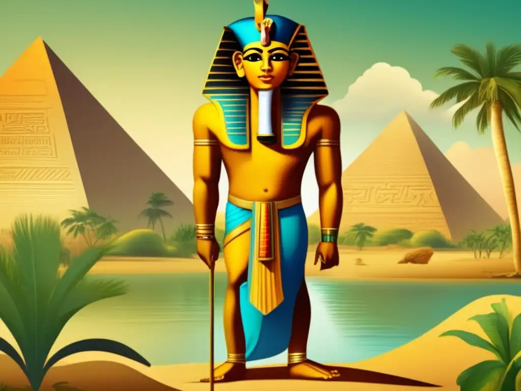 Una ilustración vintage impresionante de Hapi, el dios del Nilo, simbolizando la importancia de Hapi en Egipto y su prosperidad agrícola